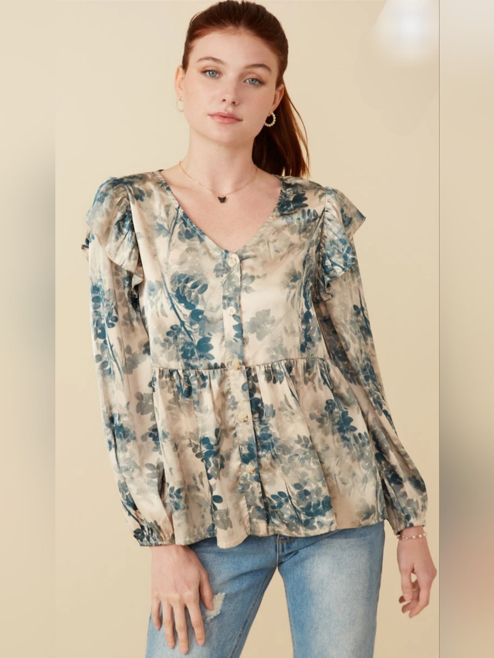 Hayden Los Angeles Satin Botanical Print Ruffle Blouse Womens Lrg Green Top